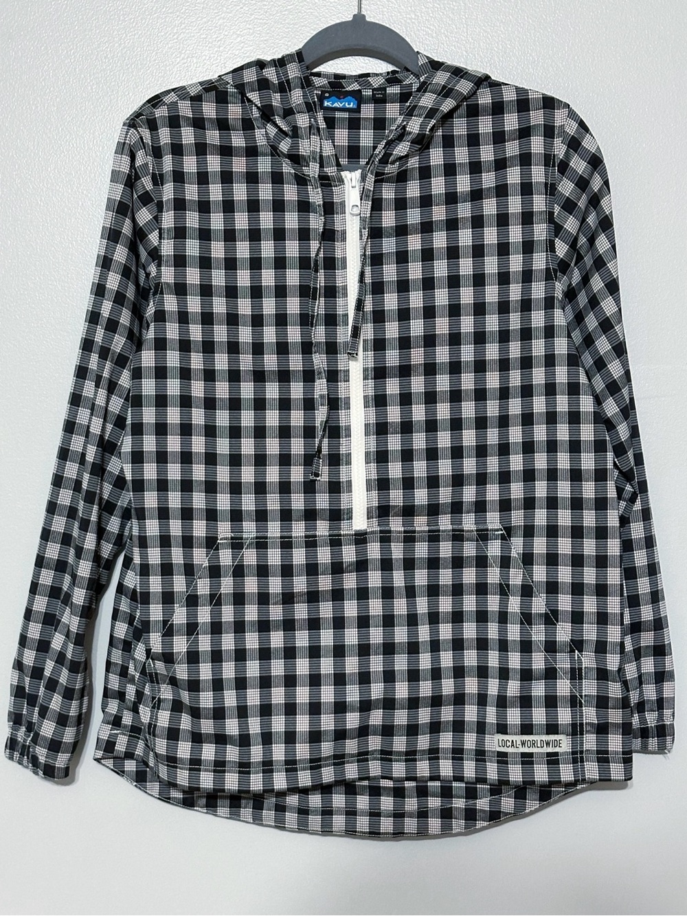 Kavu Novalee Plaid Hooded Popover Windbreaker 1/2 Zip Athletic Jacket Size Small